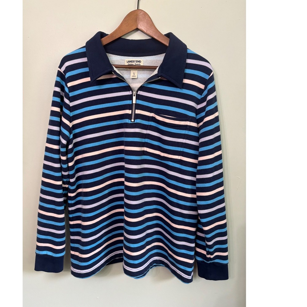 Lands End Serious Sweats Striped Quarter Zip Pullover Blue Multi XL 18